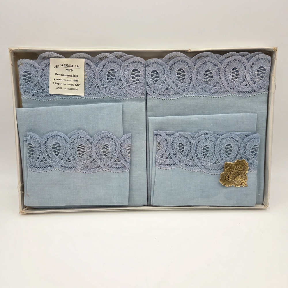 Vintage Belgian Lace Blue Hand Towels 2 Guest Towels & 2 Finger Tip Towels NEW